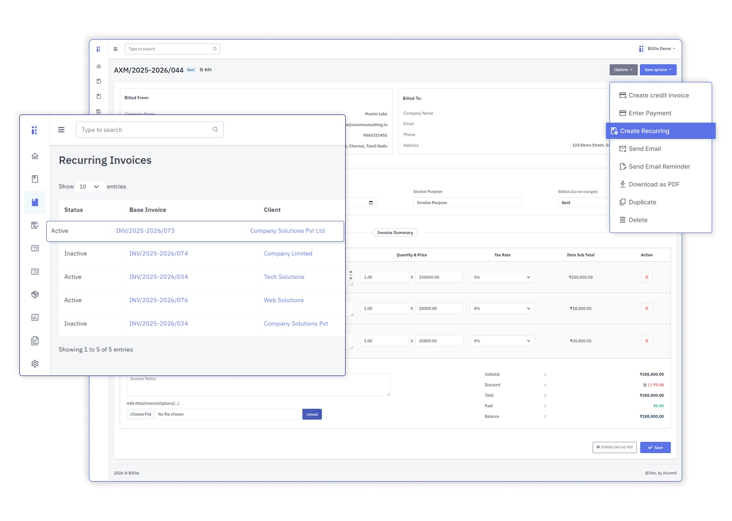 Billite payment links dashboard