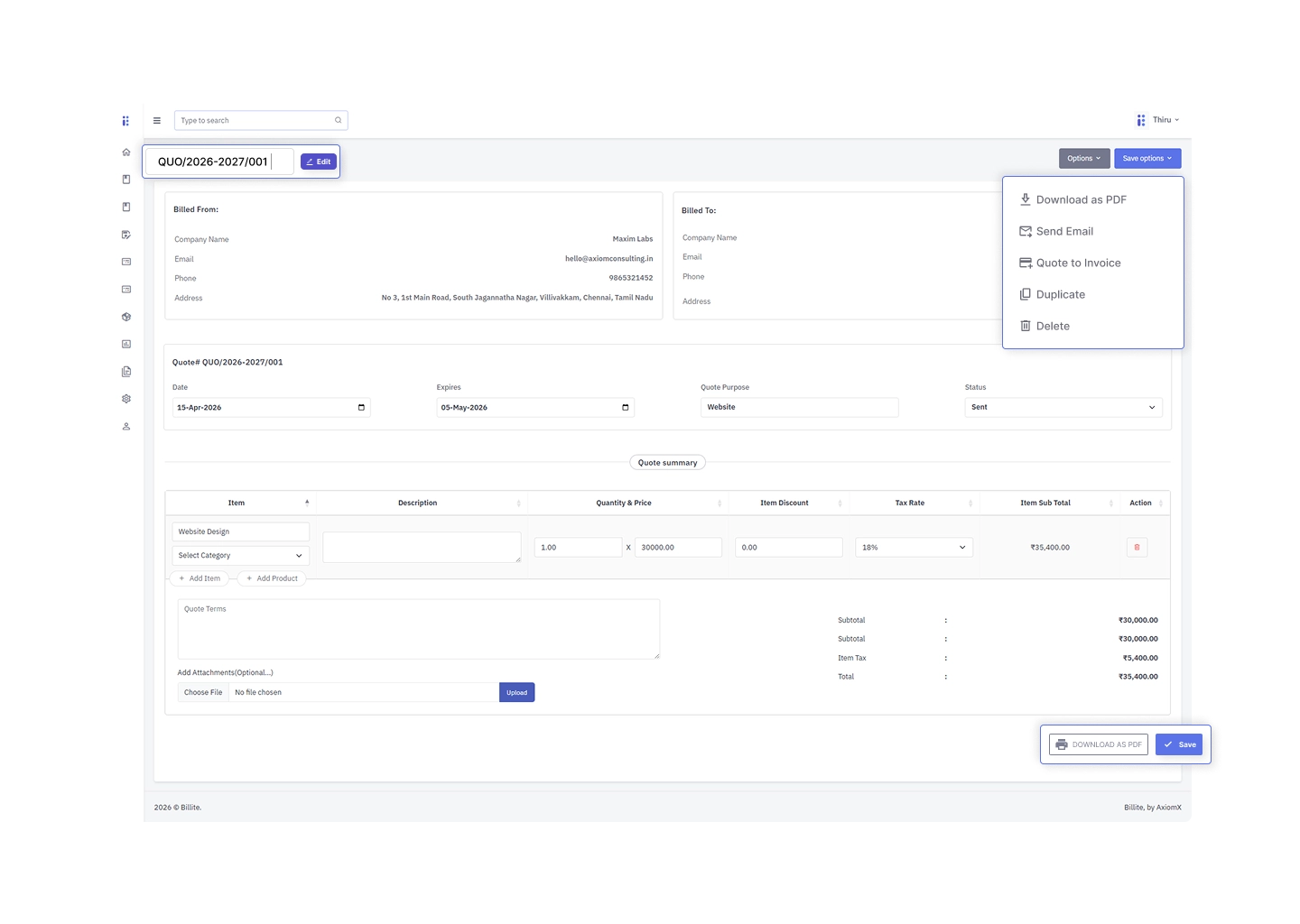 Billite GST invoicing dashboard