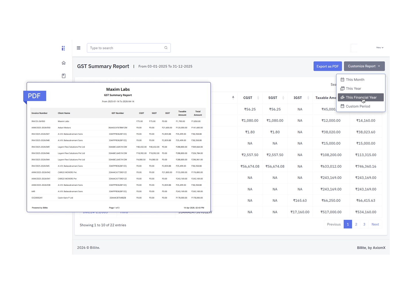 Billite GST invoicing dashboard