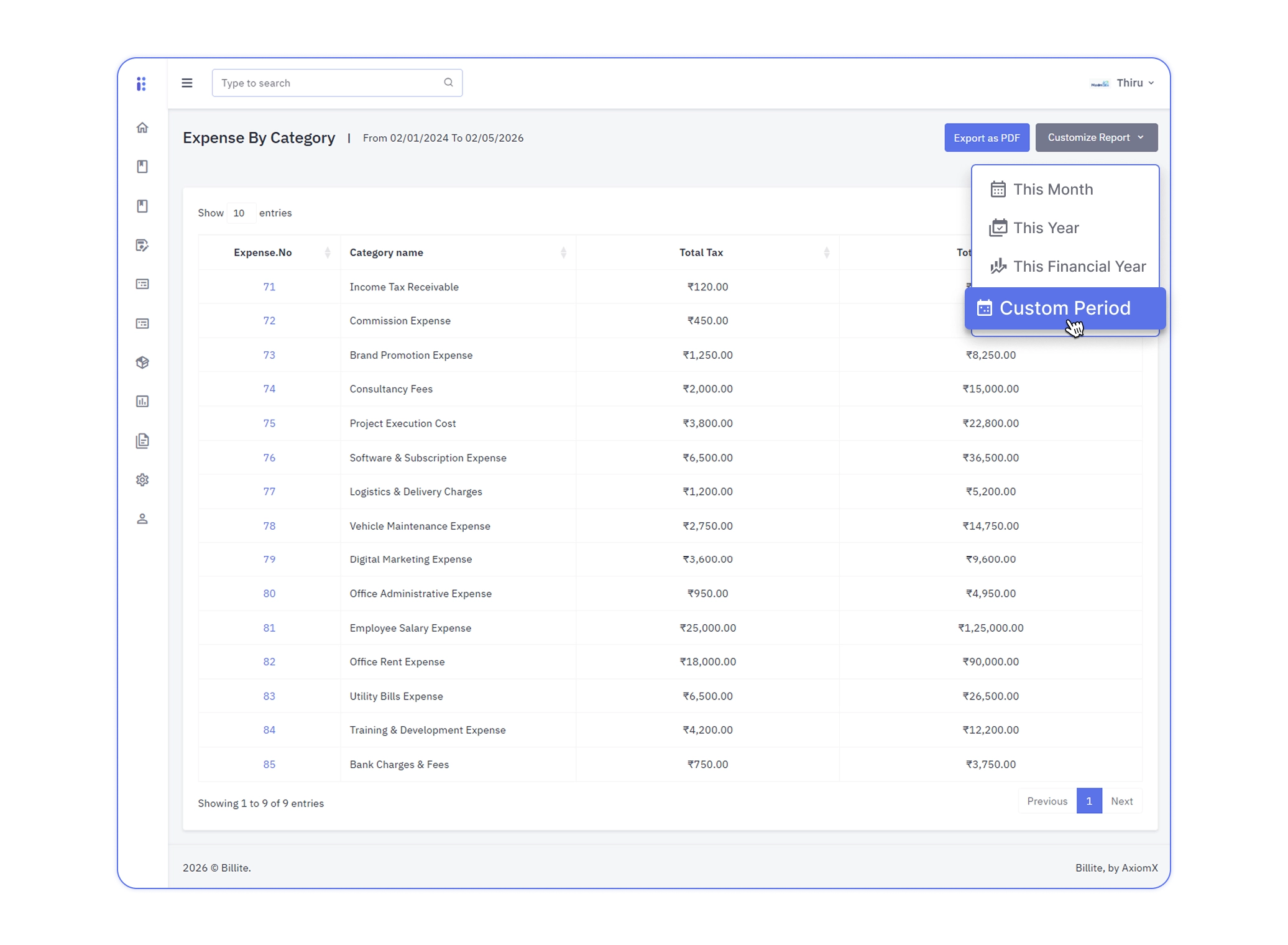 GST input credit tracking in Billite