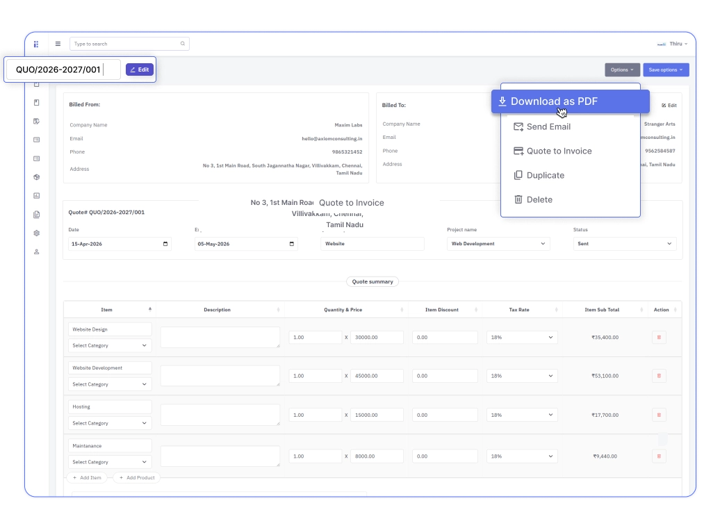 Billite GST invoicing dashboard