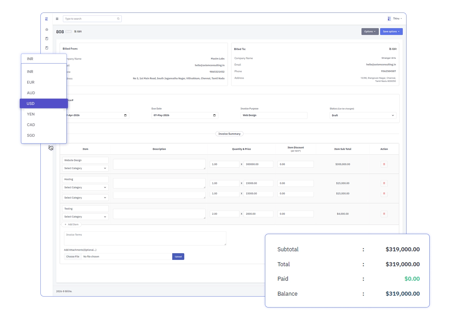Multi currency invoice software preview