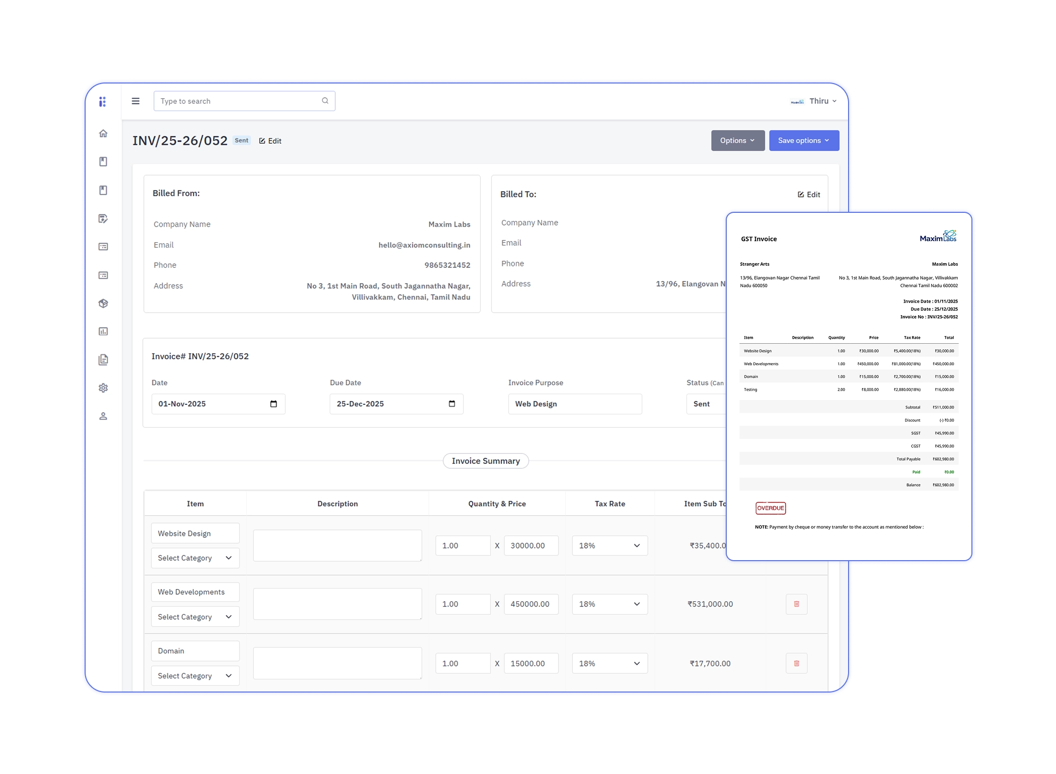 Billite outstanding invoices dashboard