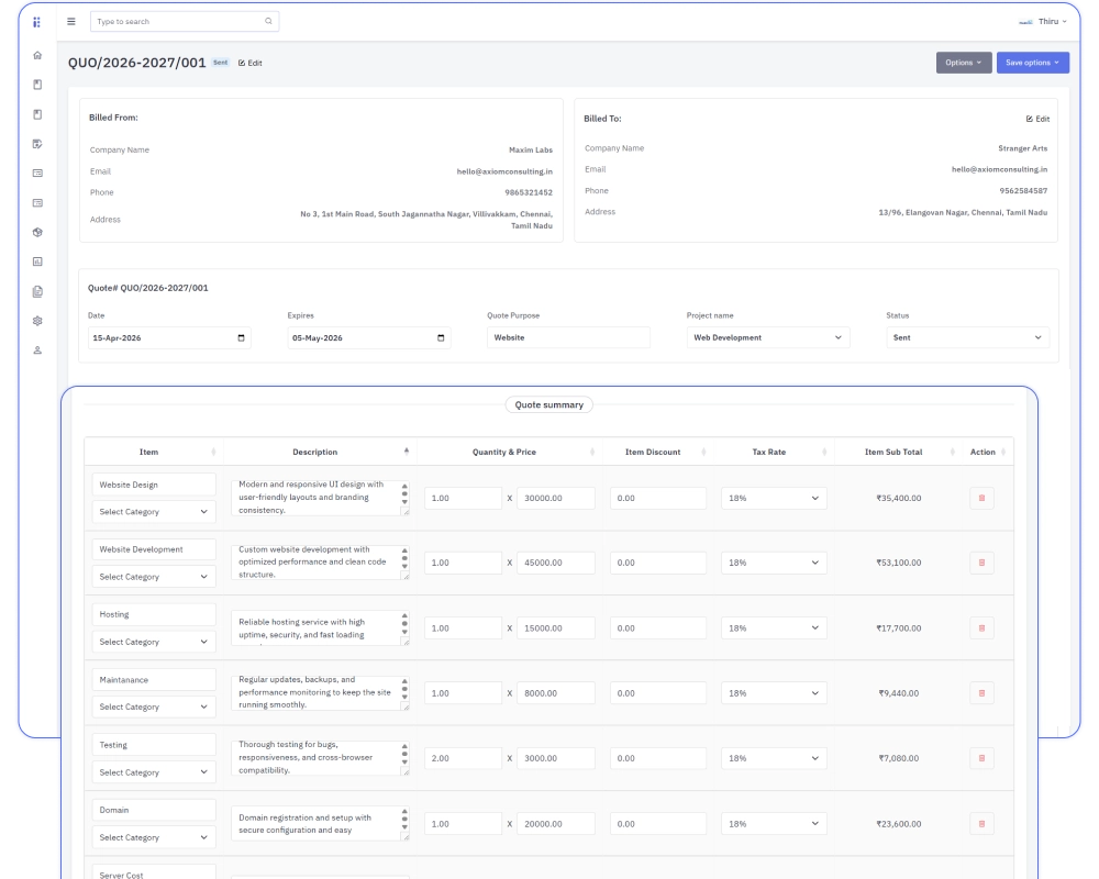Itemized estimate with multiple lines